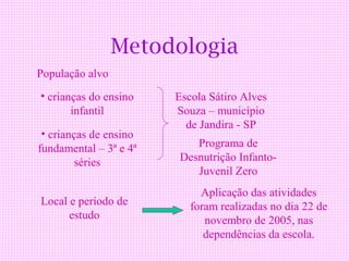 Metodologia
População alvo
• crianças do ensino    Escola Sátiro Alves
       infantil         Souza – município
                          de Jandira - SP
 • crianças de ensino
fundamental – 3ª e 4ª       Programa de
         séries          Desnutrição Infanto-
                            Juvenil Zero
                             Aplicação das atividades
Local e período de         foram realizadas no dia 22 de
      estudo                  novembro de 2005, nas
                              dependências da escola.
 