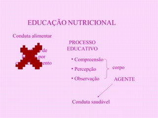 EDUCAÇÃO NUTRICIONAL
Conduta alimentar
                     PROCESSO
   Repetição de     EDUCATIVO
    hábitos por      • Compreensão
 condicionamento
                     • Percepção        corpo

                     • Observação       AGENTE



                     Conduta saudável
 