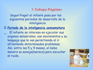 Segun Piaget el infante pasa por los siguientes periodos de desarrollo de la inteligencia Periodo de la inteligencia sensomotora El infante se interesa en ejecutar sus organos sensoriales, sus movimientos y su lenguaje que le van permitiendo el ir afrontando determinados problemas.  Asi, entre los 5 y 9 meses, el bebe movera su sonaja(maraca) para escuchar el ruido. 3. Enfoque Piagetano 