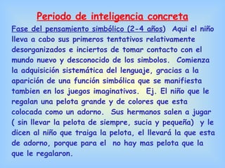 Fase del pensamiento simbólico (2-4 años )  Aqui el niño lleva a cabo sus primeros tentativos relativamente desorganizados e inciertos de tomar contacto con el mundo nuevo y desconocido de los simbolos.  Comienza la adquisición sistemática del lenguaje, gracias a la aparición de una función simbólica que se manifiesta tambien en los juegos imaginativos.  Ej. El niño que le regalan una pelota grande y de colores que esta colocada como un adorno.  Sus hermanos salen a jugar ( sin llevar la pelota de siempre, sucia y pequeña)  y le dicen al niño que traiga la pelota, el llevará la que esta de adorno, porque para el  no hay mas pelota que la que le regalaron. Periodo de inteligencia concreta 