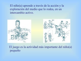 El niño(a) aprende a través de la acción y la exploración del medio que lo rodea, en un intercambio activo.   El juego es la actividad más importante del niño(a) pequeño   