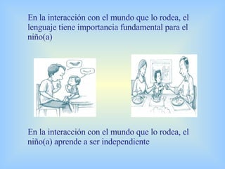 En la interacción con el mundo que lo rodea, el lenguaje tiene importancia fundamental para el niño(a) En la interacción con el mundo que lo rodea, el niño(a) aprende a ser independiente 