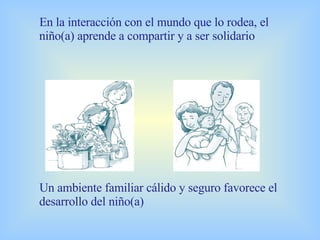 En la interacción con el mundo que lo rodea, el niño(a) aprende a compartir y a ser solidario   Un ambiente familiar cálido y seguro favorece el desarrollo del niño(a)   
