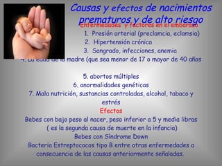   Enfermedades  y factores en el embarazo   1.  Presión arterial (preclamcia, eclamsia)   2.  Hipertensión crónica   3.  Sangrado, infecciones, anemia  4. La edad de la madre (que sea menor de 17 o mayor de 40 años  5. abortos múltiples 6. anormalidades genéticas 7. Mala nutrición, sustancias controladas, alcohol, tabaco y estrés Efectos Bebes con bajo peso al nacer, peso inferior a 5 y media libras  ( es la segunda causa de muerte en la infancia) Bebes con Síndrome Down Bacteria Estreptococos tipo B entre otras enfermedades a consecuencia de las causas anteriormente señaladas.  Causas y  efectos  de nacimientos prematuros y de alto riesgo 