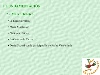 2. FUNDAMENTACIÓN
2.2 Marco Teórico
●
La Escuela Nueva
● Maria Montessori
● Naciones Unidas
● La Carta de la Tierra
● David Suzuki con la participación de Kathy Vanderlinde
 