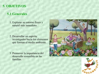 5. OBJETIVOS
5.1 Generales
1. Explorar su entorno físico y
natural más inmediato.
2. Desarrollar un espíritu
investigador hacia los elementos
que forman el medio ambiente.
3. Promover la importancia del
desarrollo sostenible en las
familias.
 