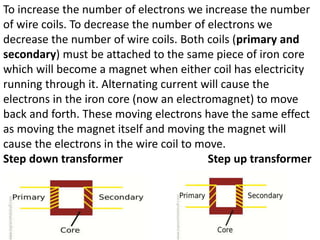 To increase the number of electrons we increase the number
of wire coils. To decrease the number of electrons we
decrease the number of wire coils. Both coils (primary and
secondary) must be attached to the same piece of iron core
which will become a magnet when either coil has electricity
running through it. Alternating current will cause the
electrons in the iron core (now an electromagnet) to move
back and forth. These moving electrons have the same effect
as moving the magnet itself and moving the magnet will
cause the electrons in the wire coil to move.
Step down transformer Step up transformer
 
