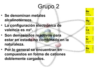 Grupo 2  Se denominan metales alcalinotérreos. La configuración electrónica de valencia es  ns 2  .  Son demasiados reactivos para estar en estado no combinado en la naturaleza. Por lo general se encuentran en compuestos en forma de cationes doblemente cargados. 