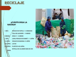 Reciclaje
¿Cuánto dura la
basura?
1 mes : pedazo de papel 2 - 4 semanas
tela de algodón 1 - 5 meses
6 meses : soga 3 - 14 meses
1 año : lana; pedazo de bambú 1 - 3 años
10 años : pedazo de madera 13 años
100 años : latas
500 años : plástico 450 años;
botella de aluminio más de 500
años
 