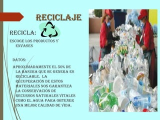 Reciclaje
Recicla:
Escoge los productos y
envases
Datos:
Aproximadamente el 50% de
la basura que se genera es
reciclable. La
recuperación de estos
materiales nos garantiza
la conservación de
recursos naturales vitales
como el agua para obtener
una mejor calidad de vida.
 