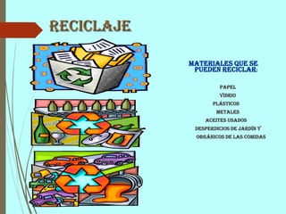 Reciclaje
Materiales que se
pueden reciclar:
Papel
Vidrio
Plásticos
Metales
Aceites usados
Desperdicios de jardín y
orgánicos de las comidas
 