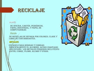 Reciclaje
Papel
De oficina, cartón, periódicos,
papel industrial, y papel de
computadoras
Vidrio
De botellas se separa por colores, clase y
libre de contaminantes.
Metales
Envases para bebidas y comidas
principalmente el aluminio, acero chapeado
con estaño. Los metales ferrosos incluyento
latón, cobre, plomo, alumio y otros.
 
