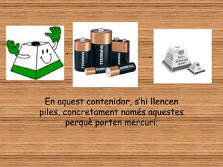 En aquest contenidor, s’hi llencen
piles, concretament només aquestes
        perquè porten mercuri.
 