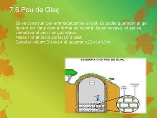 7.6.Pou de Glaç
 Es va construir per emmagatzamar el gel. És podia guaradar el gel
durant tot l’any com a forma de nevera. Quan nevava el gel es
comulava el pou i es guardava.
Mides i orientació porta:10’3 oest
Calculat volum:3’14x14 al quadrat x23=14’15m
 