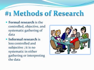 #1 Methods of ResearchFormal research is the controlled, objective, and systematic gathering of dataInformal research is less controlled and subjective ; it is no systematic in either gathering or interpreting the data