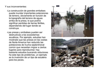 Y sus inconvenientes:
-La construcción de grandes embalses
puede inundar importantes extensiones
de terreno, obviamente en función de
la topografía del terreno de aguas
arriba de la presa, lo que podría
significar perdidas de tierras fértiles,
dependiendo del lugar donde se
construya.
-Las presas y embalses pueden ser
destructivas a los ecosistemas
acuáticos. Por ejemplo, estudias han
mostrado que las presas en las costas
de Norte America han reducido las
poblaciones de trucha septentrional
común que necesitan migrar a ciertos
lugares para reproducirse- hay
bastante estudios buscando soluciones
ha este tipo de problemas, un ejemplo
es la invención de un tipo de escalera
para los peces.
 