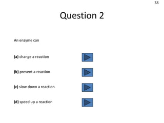 38


                           Question 2

An enzyme can


(a) change a reaction


(b) prevent a reaction


(c) slow down a reaction


(d) speed up a reaction
 