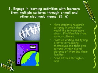 3. Engage in learning activities with learners from multiple cultures through e-mail and other electronic means. (2, 6) Have students research cultures in which they would like to learn more about.  Find Pen Pals from various cultures. Practice writing and typing a letter introducing themselves and their own culture. Attach digital pictures of them and their families. Send letters through e-mail. 