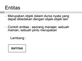 Entitas
 Merupakan objek dalam dunia nyata yang
dapat dibedakan dengan objek-objek lain
 Contoh entitas : seorang manajer, sebuah
mainan, sebuah pintu merupakan
Lambang :
ENTITAS
 