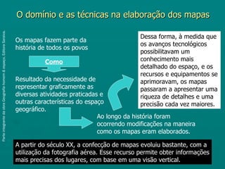 O domínio e as técnicas na elaboração dos mapas
Parte integrante da obra Geografia homem & espaço, Editora Saraiva.




                                                                                                                   Dessa forma, à medida que
                                                                      Os mapas fazem parte da
                                                                                                                   os avanços tecnológicos
                                                                      história de todos os povos
                                                                                                                   possibilitavam um
                                                                                Como                               conhecimento mais
                                                                                                                   detalhado do espaço, e os
                                                                                                                   recursos e equipamentos se
                                                                      Resultado da necessidade de                  aprimoravam, os mapas
                                                                      representar graficamente as                  passaram a apresentar uma
                                                                      diversas atividades praticadas e             riqueza de detalhes e uma
                                                                      outras características do espaço             precisão cada vez maiores.
                                                                      geográfico.
                                                                                                    Ao longo da história foram
                                                                                                    ocorrendo modificações na maneira
                                                                                                    como os mapas eram elaborados.

                                                                      A partir do século XX, a confecção de mapas evoluiu bastante, com a
                                                                      utilização da fotografia aérea. Esse recurso permite obter informações
                                                                      mais precisas dos lugares, com base em uma visão vertical.
 