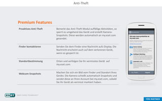 Premium Features
Proaktives Anti-Theft Bemerkt das Anti-Theft-Modul auffällige Aktivitäten, so
sperrt es umgehend das Gerät und erstellt Kamera-
Snapshots. Diese werden automatisch an my.eset.com
gesendet.
Finder kontaktieren Senden Sie dem Finder eine Nachricht aufs Display. Die
Nachricht erscheint auch auf dem verlorenen Gerät,
wenn es gesperrt ist.
Standortbestimmung Orten und verfolgen Sie Ihr vermisstes Gerät auf
my.eset.com.
Webcam-Snapshots Machen Sie sich ein Bild vom Finder und Standort Ihres
Geräts: Die Kamera schießt automatisch Snapshots und
sendet diese an Ihren Account bei my.eset.com, sobald
Sie Ihr Gerät als vermisst markiert haben.
Anti-Theft
 