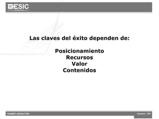 Las claves del éxito dependen de: Posicionamiento Recursos Valor Contenidos 