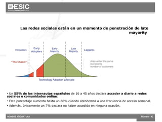 Las redes sociales están en un momento de penetración de late mayority  Un  55% de los internautas españoles  de 16 a 45 años declara  acceder a diario a redes sociales o comunidades online .  Este porcentaje aumenta hasta un 80% cuando atendemos a una frecuencia de acceso semanal. Además, únicamente un 7% declara no haber accedido en ninguna ocasión.  
