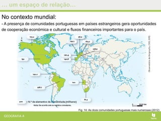 … um espaço de relação…
No contexto mundial:
- A presença de comunidades portuguesas em países estrangeiros gera oportunidades
de cooperação económica e cultural e fluxos financeiros importantes para o país.
Fig. 14: As doze comunidades portuguesas mais numerosas (2012)
 