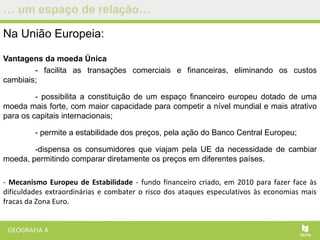 … um espaço de relação…
Na União Europeia:
Vantagens da moeda Única
- facilita as transações comerciais e financeiras, eliminando os custos
cambiais;
- possibilita a constituição de um espaço financeiro europeu dotado de uma
moeda mais forte, com maior capacidade para competir a nível mundial e mais atrativo
para os capitais internacionais;
- permite a estabilidade dos preços, pela ação do Banco Central Europeu;
-dispensa os consumidores que viajam pela UE da necessidade de cambiar
moeda, permitindo comparar diretamente os preços em diferentes países.
- Mecanismo Europeu de Estabilidade - fundo financeiro criado, em 2010 para fazer face às
dificuldades extraordinárias e combater o risco dos ataques especulativos às economias mais
fracas da Zona Euro.
 