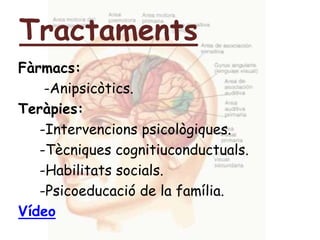 TractamentsFàrmacs:      -Anipsicòtics.Teràpies:     -Intervencions psicològiques.     -Tècniques cognitiuconductuals.     -Habilitats socials.     -Psicoeducació de la família.Vídeo