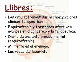 Llibres:Las esquizofrenias: sushechos y valores clinicosterapeuticos.Esquizofrenia y trastornosafectivos: avances en diagnostico y la terapeutica.Diario de una enfermedad mental (esquizofrenia).Mi mente es el enemigo.Las voces del laberinto