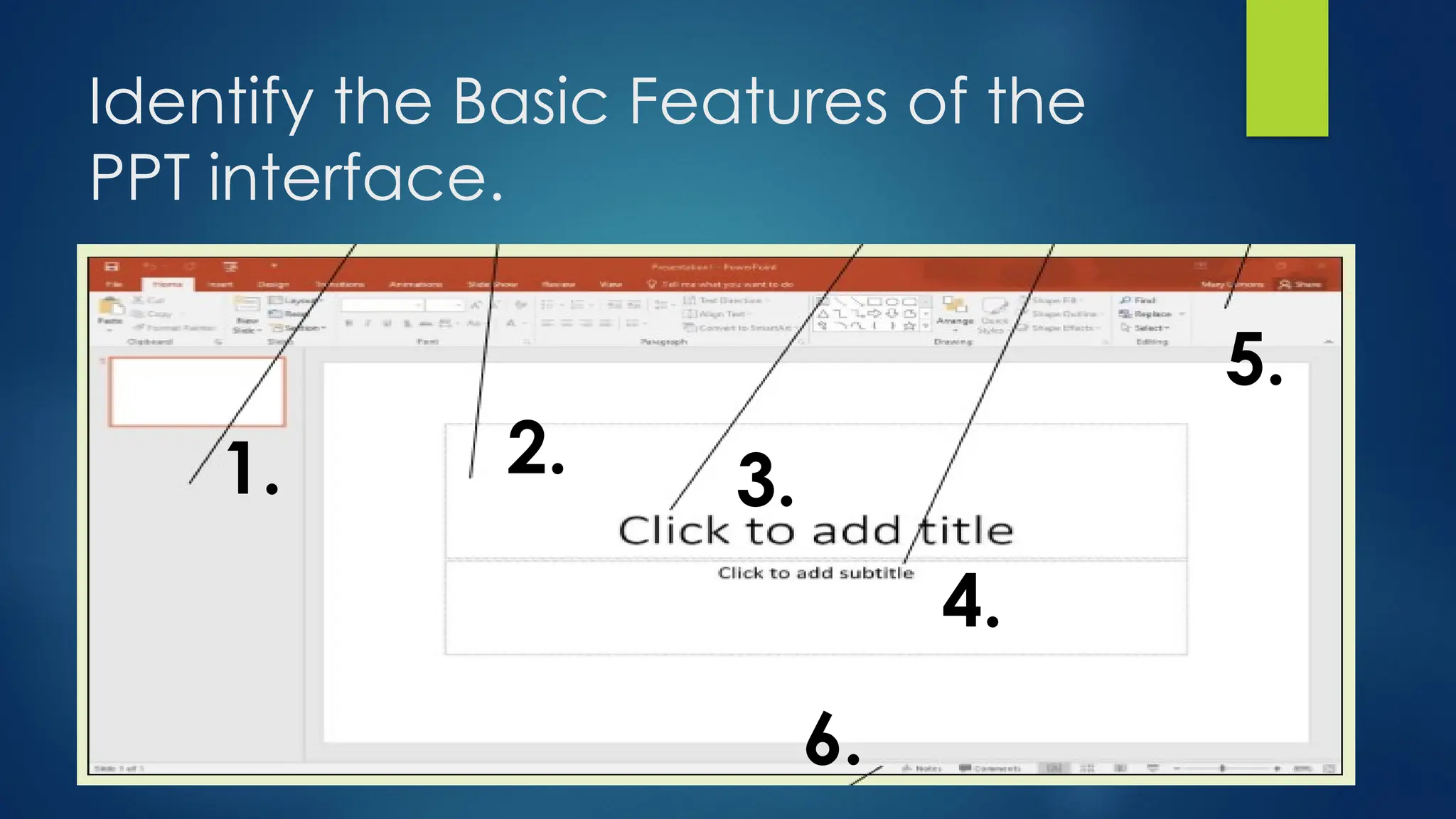 Identify the Basic Features of the
PPT interface.
1. 2. 3.
4.
5.
6.
 