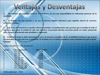 A. En estudios que implican técnicas destructivas o de uso que imposibilidad de utilización posterior de lo
analizado.

B.    El trabajo con una muestra y no con el universo implica eficiencia, pues significa ahorro de recursos,
esfuerzos y tiempo

C. Con el uso del muestreo se pueden obtener resultados razonablemente más precisos que el estudio de todo el
universo, pues para el estudio de sólo una muestra, el personal mínimo necesario puede ser mejor preparado
para recoger información más detallada y elaborada.

D. Como desventaja se debe mencionar el error de muestreo, producto de la variabilidad intrínseca que poseen
los elementos de todo universo o población. El término error no debe entenderse como sinónimo de equivocación
Ejemplo:

Estatura de niños: 117, 120, 125, 125, 130

Tamaño        Valores muestrales             Media muestral
2              117, 120                        118.50
2              125, 130                        127.50
2              125, 120                        122.50
3              125, 130, 125                   126.66
3              125, 125, 120                   123.33
3              125, 117, 125                   122.33
4              120, 117, 125, 125              123.00
4              130, 117, 125, 125              124.25
4              117, 125, 125, 120              121.75

Media poblacional     123.4
 