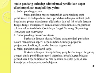sudut pandang terhadap administrasi pendidikan dapat
dikelompokkan menjadi tiga yaitu:
a. Sudut pandang proses
Sudut pandang proses merupakan cara pandang atau
pendekatan terhadap administrasi pendidikan dengan melihat pada
bagaimana proses manajemen dijalankan dan hal ini terkait dengan
fungsi-fungsi manajemen/ administrasi secara umum sebagaimana
dikemukakan terdahulu. Contohnya fungsi Planning Organizing,
Actuating dan controling.
b. Sudut pandang esensi/ substansi
Berkaitan dengan bidang-bidang yang menjadi perhatian
dalam manajemen seperti kepemimpinan, kinerja pegawai,
penjaminan kualitas, iklim dan budaya organisasi.
c. Sudut pandang substansi kerja
Berkaitan dengan bidang-bidang yang berhubungan langsung
dengan dunia pendidikan seperti organisasi sekolah, pembiayaan
pendidikan, kepemimpinan kepala sekolah, fasilitas pendidikan,
kinerja guru dan proses pembelajaran.
3
 