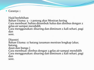  Caranya ::

  Haid berlebihan
  Bahan Utama: 3 - 7 potong akar Meniran kering
  Cara membuat: bahan ditumbuk halus dan direbus dengan 2
  gelas air sampai mendidih
  Cara menggunakan: disaring dan diminum 2 kali sehari, pagi
  dan
  sore.
  Disentri
  Bahan Utama: 17 batang tanaman meniran lengkap (akar,
  batang,
  daun dan bunga )
  Cara membuat: direbus dengan 3 gelas air sampai mendidih
  Cara menggunakan: disaring dan diminum 2 kali sehari, pagi
  dan
  sore.
 
