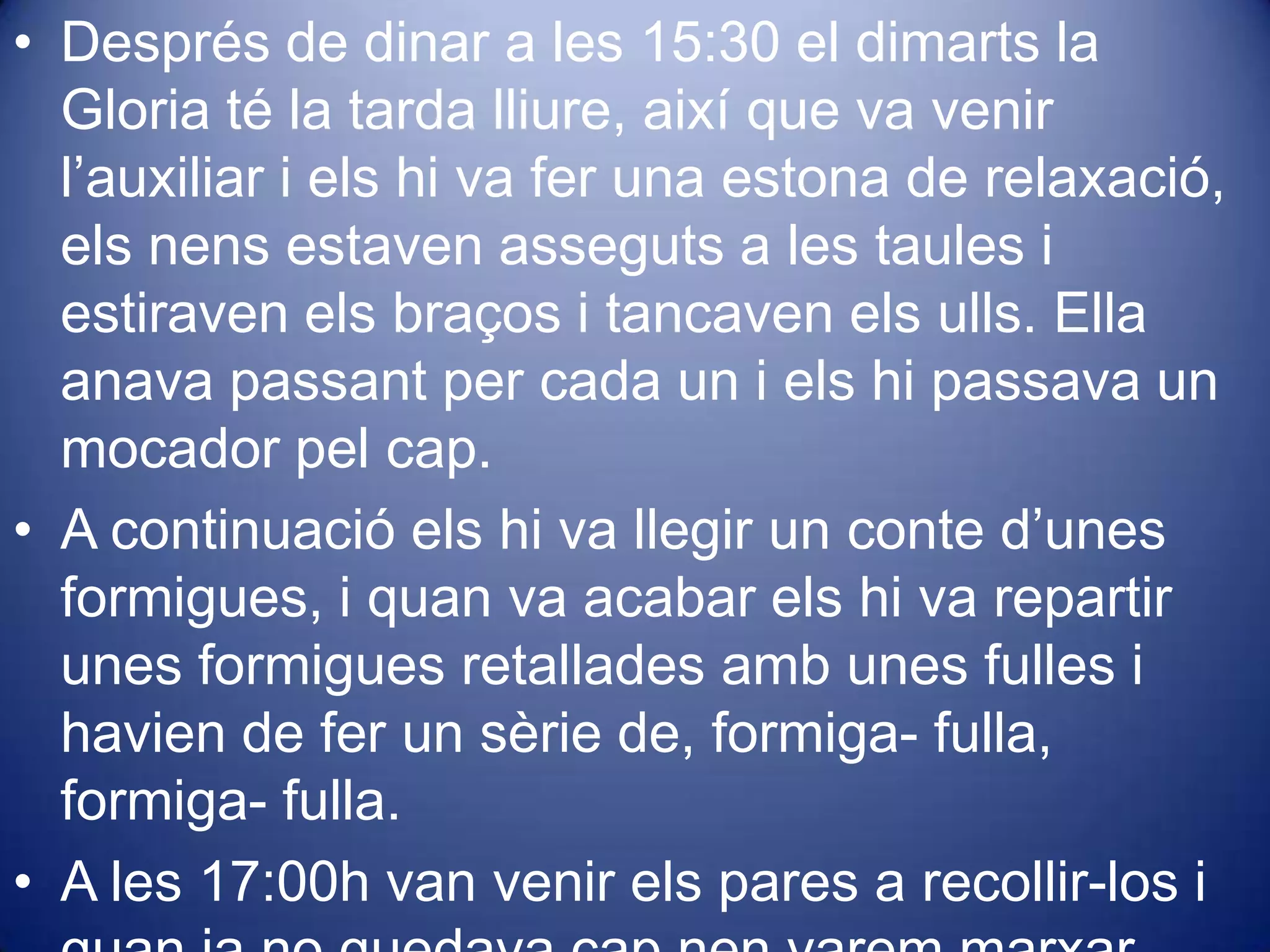 CEIP ANTAVIANADiari d’un dia de pràctiques!9:00h La mestra obra la porta de classe i comensen arribar els nens amb els pares, entren d’un en un, i la mestra els hi diu bon dia, i li donen la bosseta de l’esmorzar i ella la possa dintre d’una capsa gran, els hi diu que vagin a penjar la jaqueta i es possin la bata. Un cop estan tots els nens i seuen a un trosset de terra que tenen de parquet i la mestra els hi fa la meva presentació i a continuació fan les rutines del mati .