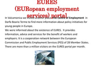 EURES
(EURopean employment
services) portalIn Valcamonica we visited another place: The Centre of Employment in
Darfo Boario Terme to find more information about policy initiatives for
young people in Europe.
We were informed about the existence of EURES. It provides
information, advice and services for the benefit of workers and
employers. It is a cooperation network between the European
Commission and Public Employment Services (PES) of 28 Member States.
There are more than a million visitors on the EURES portal per month.
 