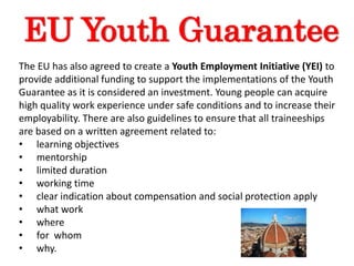 EU Youth Guarantee
The EU has also agreed to create a Youth Employment Initiative (YEI) to
provide additional funding to support the implementations of the Youth
Guarantee as it is considered an investment. Young people can acquire
high quality work experience under safe conditions and to increase their
employability. There are also guidelines to ensure that all traineeships
are based on a written agreement related to:
• learning objectives
• mentorship
• limited duration
• working time
• clear indication about compensation and social protection apply
• what work
• where
• for whom
• why.
 
