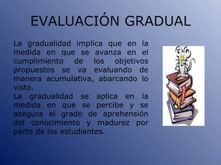 EVALUACIÓN GRADUAL La gradualidad implica que en la medida en que se avanza en el cumplimiento de los objetivos propuestos se va evaluando de manera acumulativa, abarcando lo visto. La gradualidad se aplica en la medida en que se percibe y se asegura el grado de aprehensión del conocimiento y madurez por parte de los estudiantes. 
