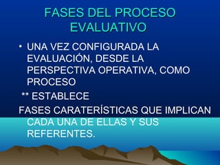 FASES DEL PROCESOFASES DEL PROCESO
EVALUATIVOEVALUATIVO
• UNA VEZ CONFIGURADA LA
EVALUACIÓN, DESDE LA
PERSPECTIVA OPERATIVA, COMO
PROCESO
** ESTABLECE
FASES CARATERÍSTICAS QUE IMPLICAN
CADA UNA DE ELLAS Y SUS
REFERENTES.
 