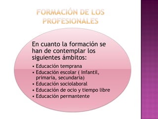 En cuanto la formación se
han de contemplar los
siguientes ámbitos:
• Educación temprana
• Educación escolar ( Infantil,
primaria, secundaria)
• Educación sociolaboral
• Educación de ocio y tiempo libre
• Educación permantente
 