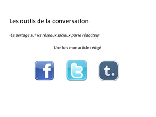 Les outils de la conversation Le partage sur les réseaux sociaux par le rédacteur Une fois mon article rédigé  