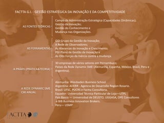 FACTTA G.I. - GESTÃO ESTRATÉGICA DA INOVAÇÃO E DA COMPETITIVIDADE
AS FONTES TEÓRICAS
Campo da Administração Estratégica (Capacidades Dinâmicas);
Gestão da Inovação;
Gestão do Conhecimento e
Mudança nas Organizações.
AS FERRAMENTAS
GGI Grupo da Gestão da Inovação;
A Rede de Observadores;
As Alavancas da Inovação e Crescimento;
PGI Plano de Gestão da Inovação e
As Oito Forças da Inércia contra a mudança.
A PRÁXIS (PRÁTICA&TEORIA)
30 empresas de vários setores em Pernambuco;
Países da Rede Dynamic SME (Alemanha, Espanha, México, Brasil, Peru e
Argentina).
A REDE DYNAMIC SME
CIKI ANUAL
Alemanha: Wiesbaden Business School
Argentina: ADERR - Agencia de Desarrollo Region Rosario.
Brasil: UFSC, PUCRS e Factta Consultoria.
Equador: Universidad Técnica Particular de Loja—UTPL
País Basco — Universidad de DEUSTO, UGGASA, OPE Consultores
e BIB Business Innovation Brokers.
Peru— USMP
 