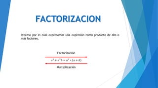 FACTORIZACION
Proceso por el cual expresamos una expresión como producto de dos o
más factores.

 