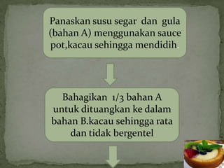 Panaskan susu segar dan gula
(bahan A) menggunakan sauce
pot,kacau sehingga mendidih.




  Bahagikan 1/3 bahan A
untuk dituangkan ke dalam
bahan B.kacau sehingga rata
    dan tidak bergentel
 