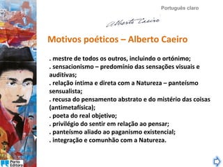 Português claro

Motivos poéticos – Alberto Caeiro
. mestre de todos os outros, incluindo o ortónimo;
. sensacionismo – predomínio das sensações visuais e
auditivas;
. relação íntima e direta com a Natureza – panteísmo
sensualista;
. recusa do pensamento abstrato e do mistério das coisas
(antimetafísica);
. poeta do real objetivo;
. privilégio do sentir em relação ao pensar;
. panteísmo aliado ao paganismo existencial;
. integração e comunhão com a Natureza.

 