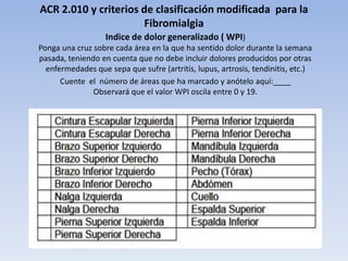 ACR 2.010 y criterios de clasificación modificada para la
                      Fibromialgia
                   Indice de dolor generalizado ( WPI)
Ponga una cruz sobre cada área en la que ha sentido dolor durante la semana
pasada, teniendo en cuenta que no debe incluir dolores producidos por otras
  enfermedades que sepa que sufre (artritis, lupus, artrosis, tendinitis, etc.)
      Cuente el número de áreas que ha marcado y anótelo aquí:____
               Observará que el valor WPI oscila entre 0 y 19.
 