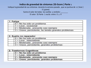 Indice de gravedad de síntomas (SS-Score ) Parte 1
Indique la gravedad de sus síntomas durante la semana pasada ,que se puntua de o ( leve )
                                          3 ( grave)
                  Sume el valor de todas las casillas y anótelo :_______
                           El valor SS Parte 1 oscila entre 0 y 9
 