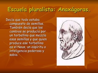 Escuela pluralista: Anaxágoras.
Decía que todo estaba
  compuesto de semillas.
  También decía que los
  cambios se producía por
  un torbellino que mezcla
  esas semillas y que quien
  produce ese torbellino
  es el Nous, un espíritu o
  inteligencia poderosa y
  sabia.
 