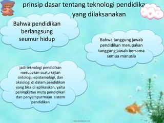 prinsip dasar tentang teknologi pendidikan 
yang dilaksanakan 
Lengan sayap 
Bahwa pendidikan 
berlangsung 
seumur hidup Bahwa tanggung jawab 
pendidikan merupakan 
tanggung jawab bersama 
semua manusia 
jadi teknologi pendidikan 
merupakan suatu kajian 
ontologi, epistemologi, dan 
aksiologi di dalam pendidikan 
yang bisa di aplikasikan, yaitu 
peningkatan mutu pendidikan 
dan penyempurrnaan sistem 
pendidikan 
 